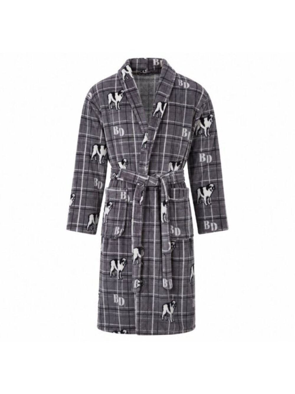 Big Dogs Plush Fleece Bath Robe Gray Plaid One Size Belted Soft Men's Robe